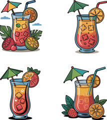 A refreshing set of colorful summer cocktails with tropical fruits, fresh juice, and alcohol in glasses