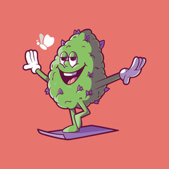 Weed Bud in Yoga Pose Watching Butterfly vector illustration. Mascot, brand design concept.