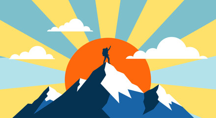 A lone adventurer's silhouette stands triumphant atop a mountain peak against a vibrant, rising sun. A powerful graphic symbolizing the peak of achievement and success. © Skyframe