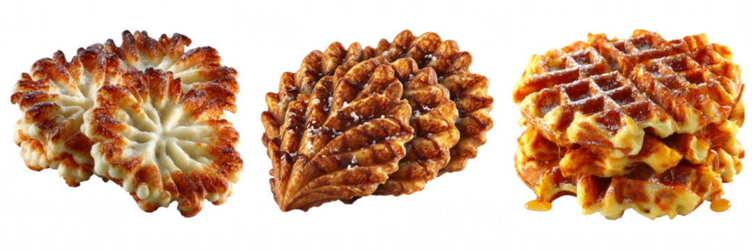 Golden brown waffles stacked on a transparent background