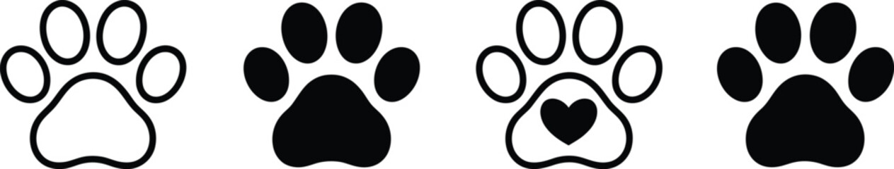 Dog paw print vector collection for animal lovers and pet adoption designs with heart shape detail