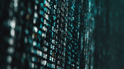 Abstract digital display with cascading white and teal characters on a dark background, resembling code or data stream