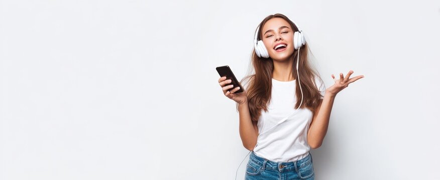 The young woman listening to music with headphones and smartphone, smiling and dancing