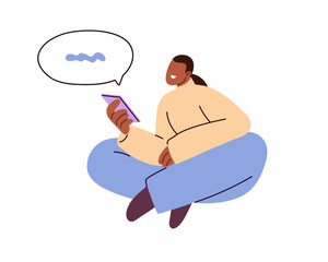 Person with mobile phone in online chat. Receiving message in speech bubble. Sitting with smartphone, cellphone in hand, smiling while texting. Flat vector illustration isolated on white background