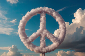 Fototapeta premium Peace symbol naturally formed within silky clouds, pastel sky, soft sunlight, dreamy, serene, ethereal, high-detail, utopian image