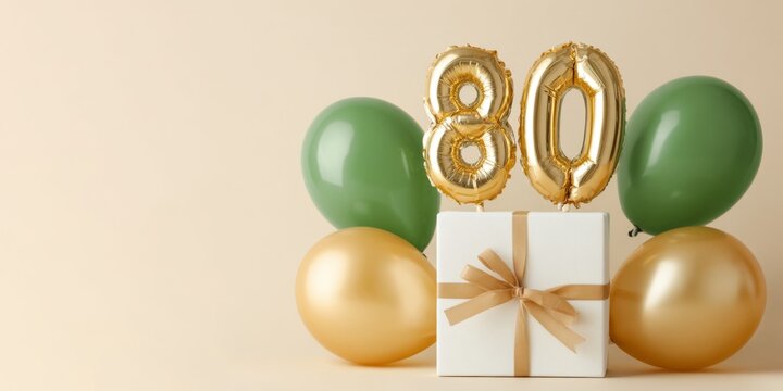 happy birthday greeting card - Golden number 80 text balloon surrounded by green and gold balloons with gift box for celebration anniversary events, isolated on beige bright background