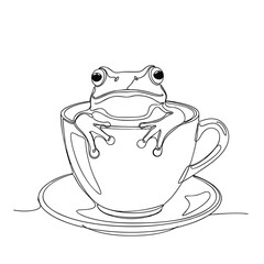 A cute frog relaxing in a teacup drawn in a continuous single line art style.