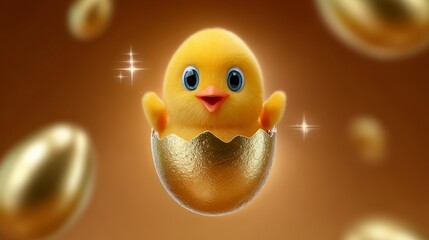 Playful chick hatching from golden egg fantasy scene 3d animation vibrant colors whimsical concept