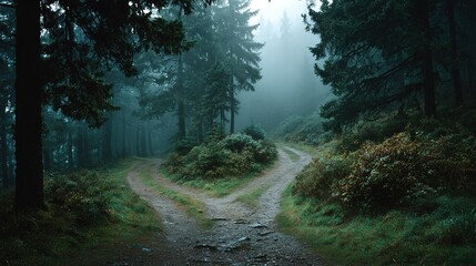 Obraz premium Forked Trail in Misty Forest, Natural Outdoor Adventure Scene