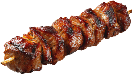 Grilled meat kebab skewer isolated on transparent background — high-resolution PNG cutout of juicy barbecue shish kebab with char marks, realistic food clipart for menu design, packaging, restaurant
