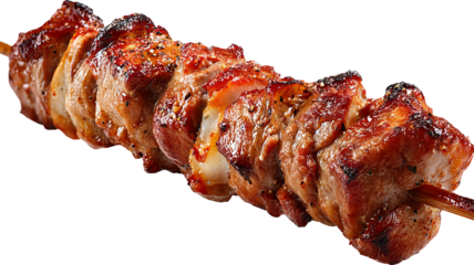 Grilled meat kebab skewer isolated on transparent background — high-resolution PNG cutout of juicy barbecue shish kebab with char marks, realistic food clipart for menu design, packaging, restaurant