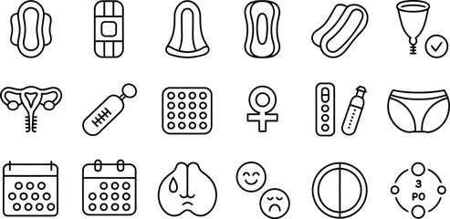 Menstrual health vector icons set including pads, tampons, cup, uterus, calendar and more feminine care