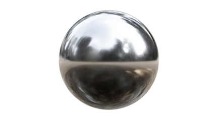 Realistic chrome metal ball — high-resolution PNG cutout on transparent background, isolated shiny steel sphere with soft shadow for graphic design, 3d rendering mockups, product visuals, web & app UI
