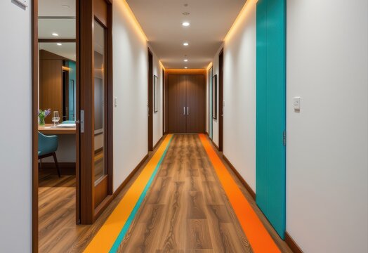 a modern apartment corridor with walnut floors and bright teal and orange accent strips, creating warmth and a contemporary stylish path.