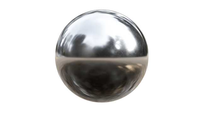 Realistic chrome metal ball — high-resolution PNG cutout on transparent background, isolated shiny steel sphere with soft shadow for graphic design, 3d rendering mockups, product visuals, web & app UI