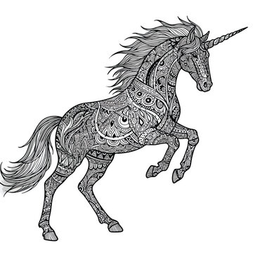 A detailed black and white illustration of a rearing unicorn with intricate zentangle patterns.