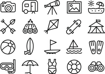 Summer vacation icons set vector illustration for travel camping and outdoor activities design concept