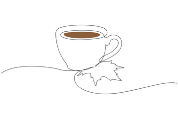 Cup with coffee and maple leaf. Autumn concept, vector continuous one line drawing