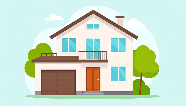 A two-story, light beige home with a brown garage door and light blue windows stands out against a light teal background with simple landscaping.