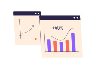 Business growth, development, success concept. Analytics, data and statistics, diagrams, charts and graphs. Abstract analysis, positive trend. Flat vector illustration isolated on white background