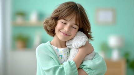 Joyful girl embracing a plush toy indoor setting emotional moment soft colors close-up view childhood innocence