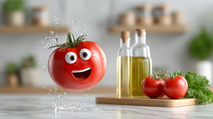 Playful tomato splashing in olive oil kitchen setting food photography fresh ingredients cheerful vibe
