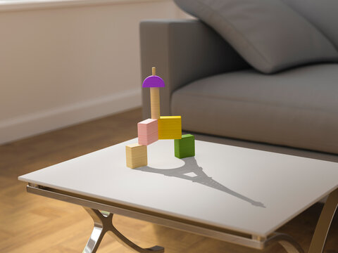 Symbolic Eiffel Tower shadow from building blocks in modern living room