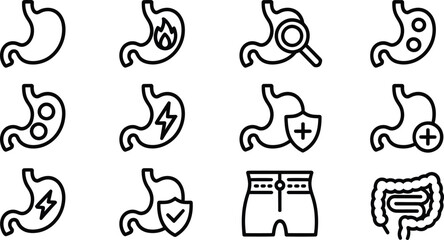 Stomach health icons set vector illustration for digestive system and gut health awareness design