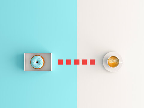 Donut and coffee connection concept with 3d rendering in minimal style