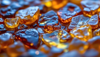 macro photography of amber crystals in multiple tones from honey to bright yellow, highlighting internal features and color depth.