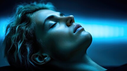Brain sleep aided by mindful meditation waves concept. Portrait of a serene person in meditative state with blue lighting.