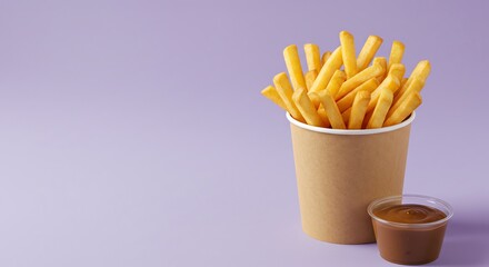 French fries in paper cup with dipping sauce