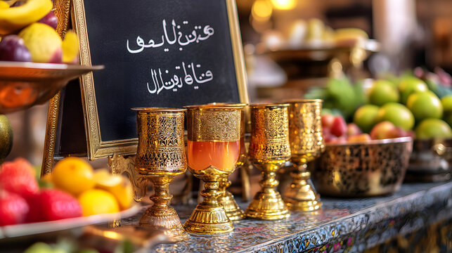 • Iftar drink station with golden cups, fruit-infused beverages, and Ramadan Mubarak handwritten on a chalkboard isolated on white background in HD 