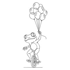 A whimsical cartoon frog riding a unicycle while holding a bunch of balloons.
