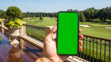 Close-up shot of a hand holding a smartphone with a vibrant green screen against a scenic golf course background. - Powered by Adobe