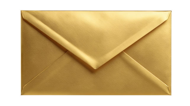 Open gold envelope with glossy finish and triangular flap — high-resolution transparent-background PNG cutout for stationery mockups, invitations, greeting cards, wedding sets, festive announcements
