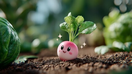 Cheerful radish sprout growing in garden soil nature scene cute character vibrant environment close-up view