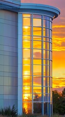 Sunset Glow on Art Deco Office Building with Reflective Glass and Colorful Sky