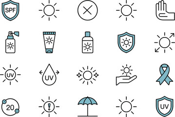 Sun protection skincare spf uv rays safety icons set vector illustration prevent sunburn and aging