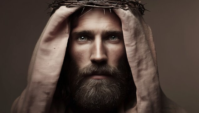 Man with crown of thorns and robe in dramatic light
