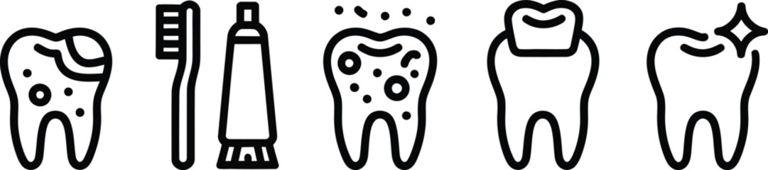 Dental care routine and oral hygiene vector icons toothbrush toothpaste healthy teeth and cavity prevention