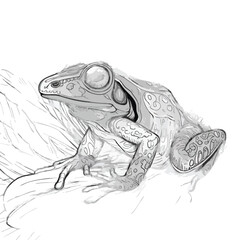 Detailed black and white line art illustration of a tree frog perched on a leaf.