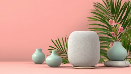 Aesthetic still life soft speaker amidst vases, stone, ferns, and pink blooms against a peach backdrop