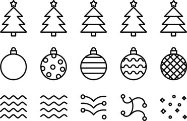 Christmas tree ornaments vector icons set outline style for graphic design and decoration use