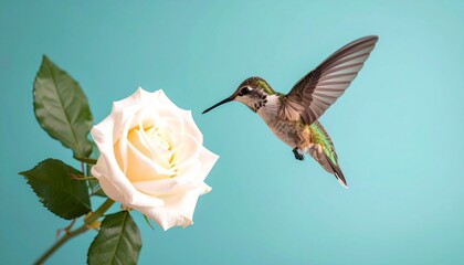 Fototapeta premium A vibrant ruby-throated hummingbird, with its iridescent feathers, is flying among vivid flowers, hovering with its beak to feed