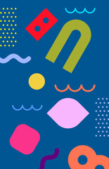 Colorful Abstract Geometric Shapes on Blue Background – Memphis Style Design