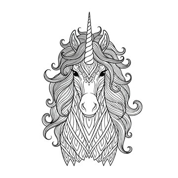 Intricate black and white zentangle illustration of a majestic unicorn head with a flowing mane and decorative patterns.