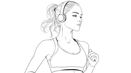 A focused young woman with long hair running, wearing headphones, showcasing her dedication to fitness and health.