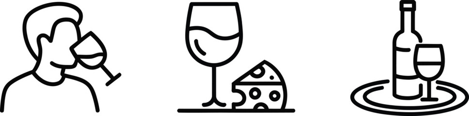 Wine tasting experience vector icon set featuring cheese and bottle for restaurant menu design use
