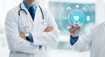 A doctor interacting with a futuristic digital interface displaying medical icons and data, representing healthcare innovation and technology